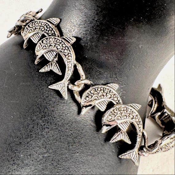 Silver Leaping Dolphins Link Bangle Bracelet - image 1