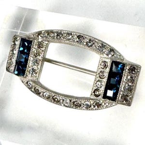 Art Deco Silver Rhinestone Brooch, Vintage Clear and Blue Stones in Pot Metal Setting Pin, 1930s Unique Fashion Accessory Gift