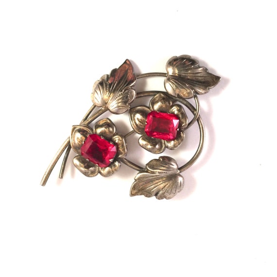 Sterling 1940s Floral Brooch, Large Red Vintage M… - image 1