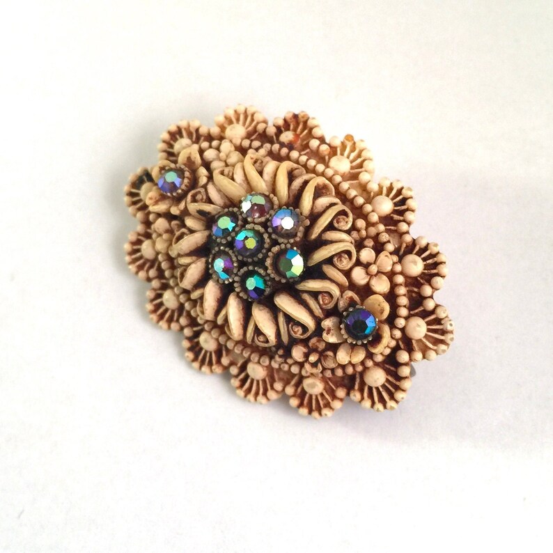 Carved Cream Floral Aurora Borealis Rhinestone Pin Vintage Celluloid Rhinestone Brooch Highly Detailed 1950s Unique Vintage Jewelry