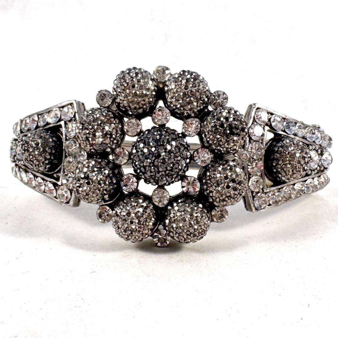 Crystal and Dark Grey Rhinestone Floral Flower Silver Vintage Clamper ...
