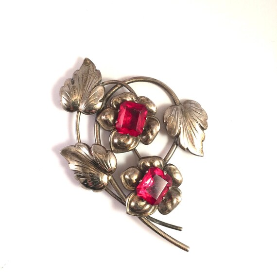 Sterling 1940s Floral Brooch, Large Red Vintage M… - image 3