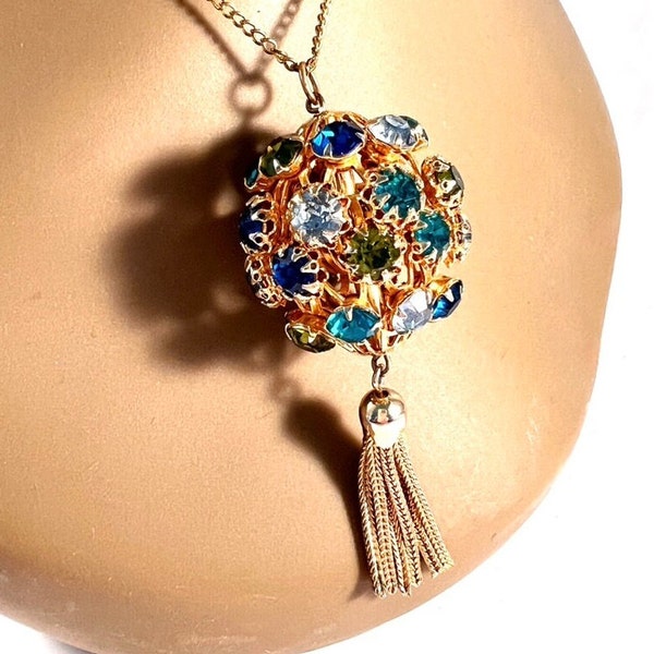 Large Rhinestone Ball and Tassel Necklace, Glittery Vintage Blue Green and Turquoise Rhinestone Pendant, Unique Vintage Gift for Her