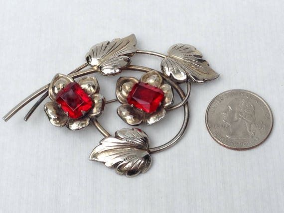 Sterling 1940s Floral Brooch, Large Red Vintage M… - image 8