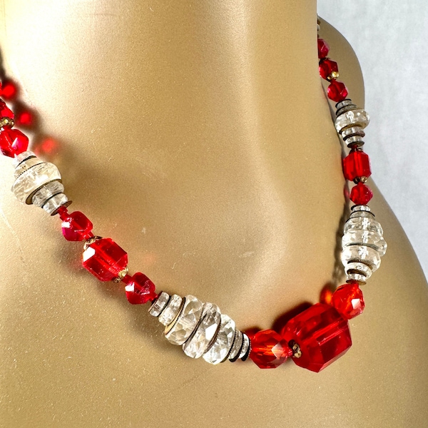 Art Deco Crystal Necklace, Vintage Collectible Glass Crystal Jewelry, Red and Clear White Stacking Necklace, Unique Vintage Collectible Gift