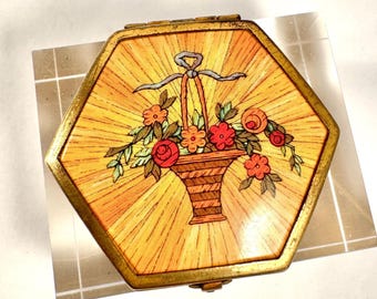 Art Deco Flower Basket Houbigant Vintage Hexagon Compact Original Enamel Lid, Mirror, Powder Puff and Powder