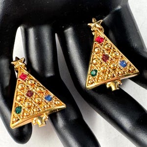 Vintage Gold Christmas Tree Earrings, Pierced Drop Stud Gold Trees with Colored Rhinestones, Holiday Jewelry Unique VVintgae Fashion