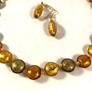 Murano Glass Vintage Necklace and Earrings Set, Italian Handmade Gold Glass and Metallic Beads Jewelry Set, Unique Vintage Fashion Gift