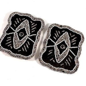 Art Deco 1920-30s Micro Seed Bead Evil Eye Patches, Flapper Ära Einzigartige Vintage Nähen Mode-Accessoires, Schwarz Silber Weiß Perlen Patches