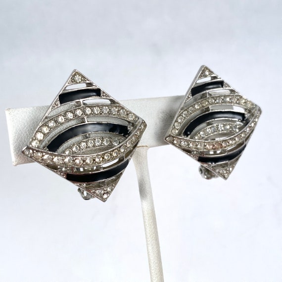 Large Black and Silver Vintage Rhinestone and Ena… - image 3