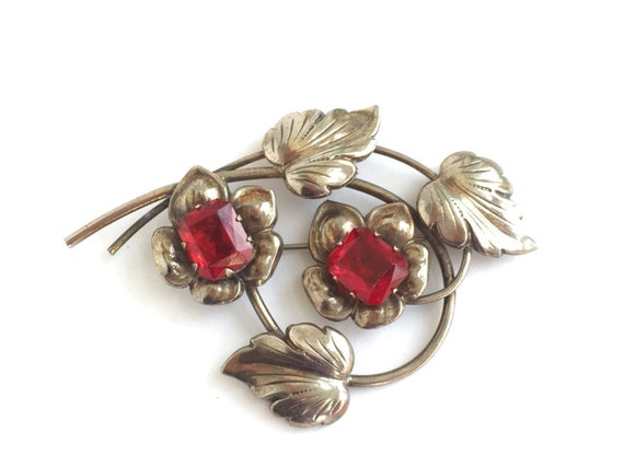 Sterling 1940s Floral Brooch, Large Red Vintage M… - image 2