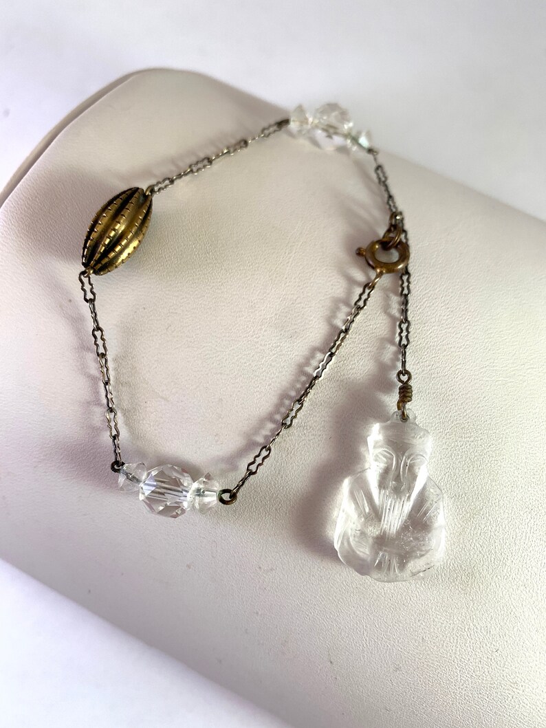 Confucius Cut Crystal Figurine on Silver Chain Good Luck Rare Crystal Brass Sterling 1920s Unique Vintage Sterling Bracelet
