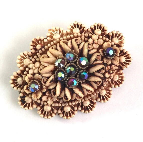 Vintage Carved Celluloid Floral Brooch,  Cream Au… - image 4