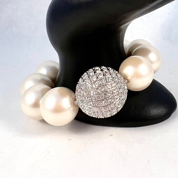 Large Faux Pearl and Rhinestone Bracelet, Vintage… - image 3