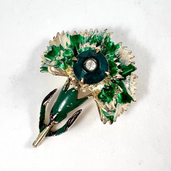 Vintage Signed Floral Brooch, Green Beatrice Enam… - image 1