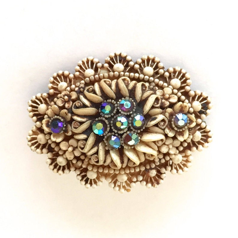 Carved Cream Floral Aurora Borealis Rhinestone Pin Vintage Celluloid Rhinestone Brooch Highly Detailed 1950s Unique Vintage Jewelry