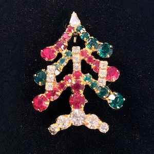 Vintage Holiday Christmas Tree Brooch, Glittery Deep Red, Green and Clear Rhinestones, Sparkly Unique Vintage Christmas Fashion Jewelry