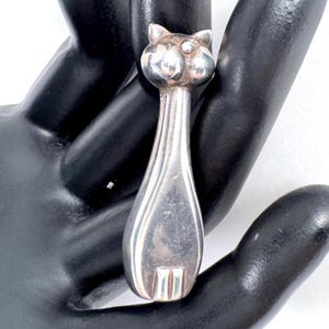May include: A silver cat-shaped pendant. The pendant has a rounded head, small ears, and a long, slender body. The cat's tail is not visible. The pendant is held by a black hand.