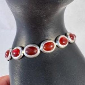 Vintage Carnelian Sterling Chain Link Bracelet, Oval Stones Safety Catch Clasp, Unique Vintage Fashion Accessory Gift