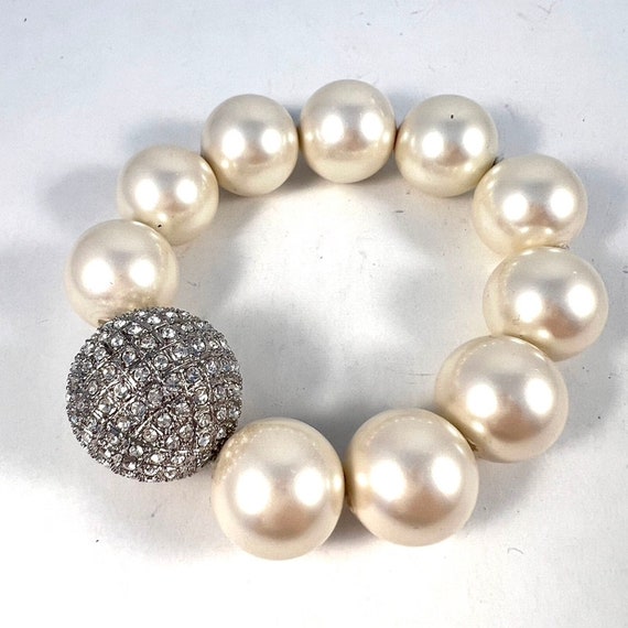 Large Faux Pearl and Rhinestone Bracelet, Vintage… - image 4