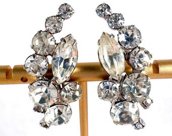 Long Large Vintage Clip On Crystal Rhinestone Earrings