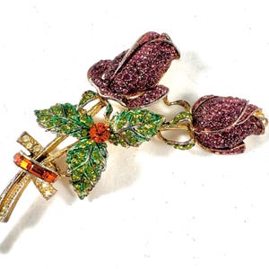 Vintage Pink Rhinestone Pave Floral Brooch Green Rhinestone Leaves, Large Roses Eye Catching Statement Jewelry, Unique Vintage Fashion Gift