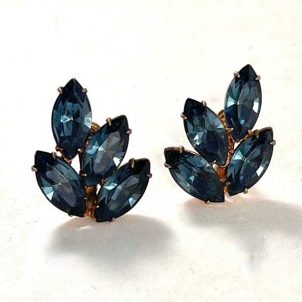 1950s Vintage Dark Blue Rhinestone Earrings, Clip Back Sterling Earrings, Unique Vintage Fashion Gift