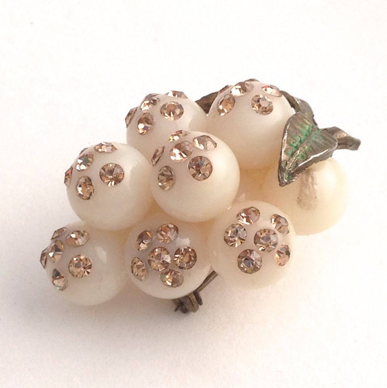 1940s Book Piece Vintage Austrian Lucite Forbidden Fruit Enamel and Crystal Pin Super Sparkly Very COLLECTIBLE Grapes Rhinestone Brooch