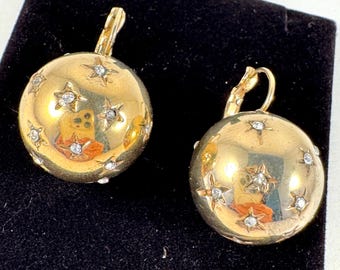 Vintage Gold Ball Pierced Earrings Swarovski Rhinestone Crystals, Designer Gas Bijoux Signed Celestial Lever Back Earrings, Dangle Hanging