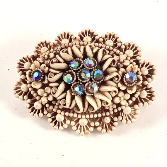 Vintage Carved Celluloid Floral Brooch,  Cream Au… - image 1