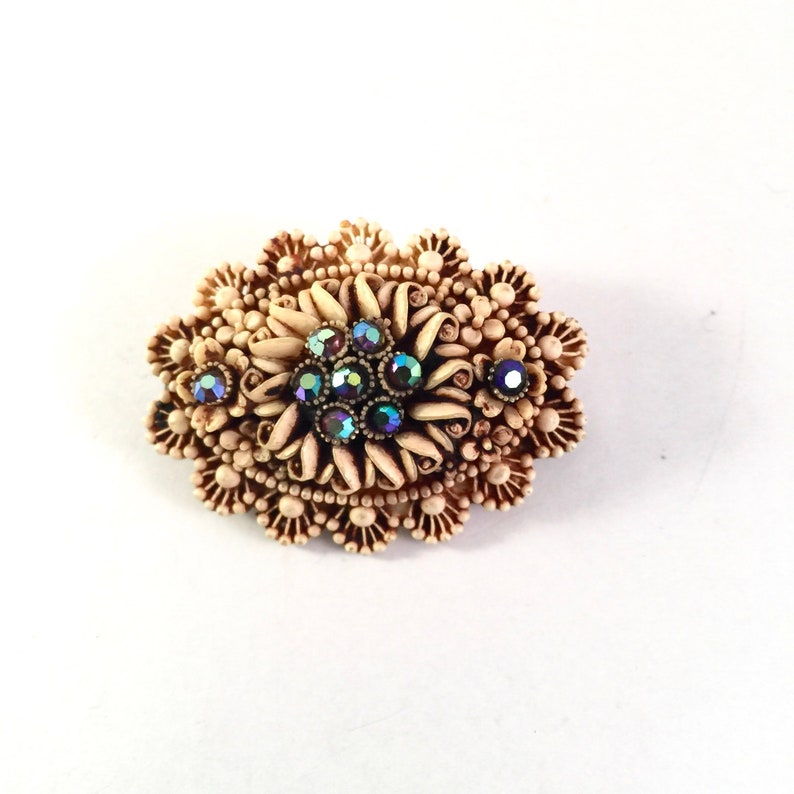 Carved Cream Floral Aurora Borealis Rhinestone Pin Vintage Celluloid Rhinestone Brooch Highly Detailed 1950s Unique Vintage Jewelry