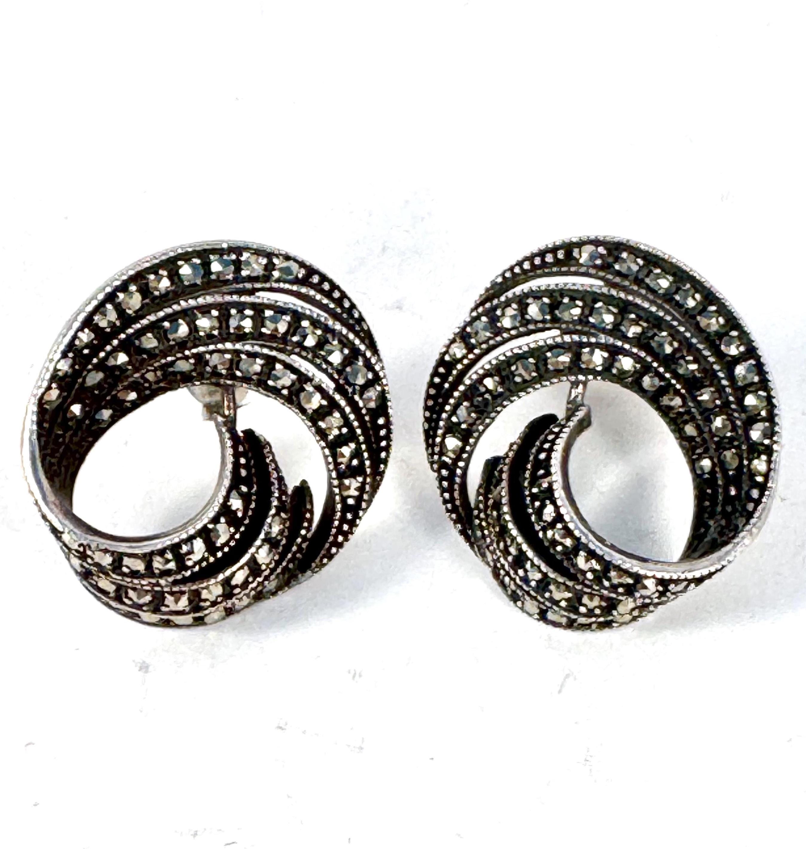 Darkened Sterling Marcasite Pierced Earrings, Vintage Judith Jack Signed Silver Swirl Design with Marcasite Stones, Unique Vintage Jewelry