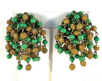 Collectible Swarovski Gold and Green Vintage Dangle Earrings, Chandelier Tassle Waterfall Fringe Clip On Unique Eye Catching