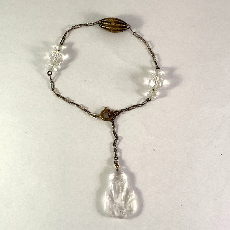 Confucius Cut Crystal Figurine on Silver Chain Good Luck Rare Crystal Brass Sterling 1920s Unique Vintage Sterling Bracelet