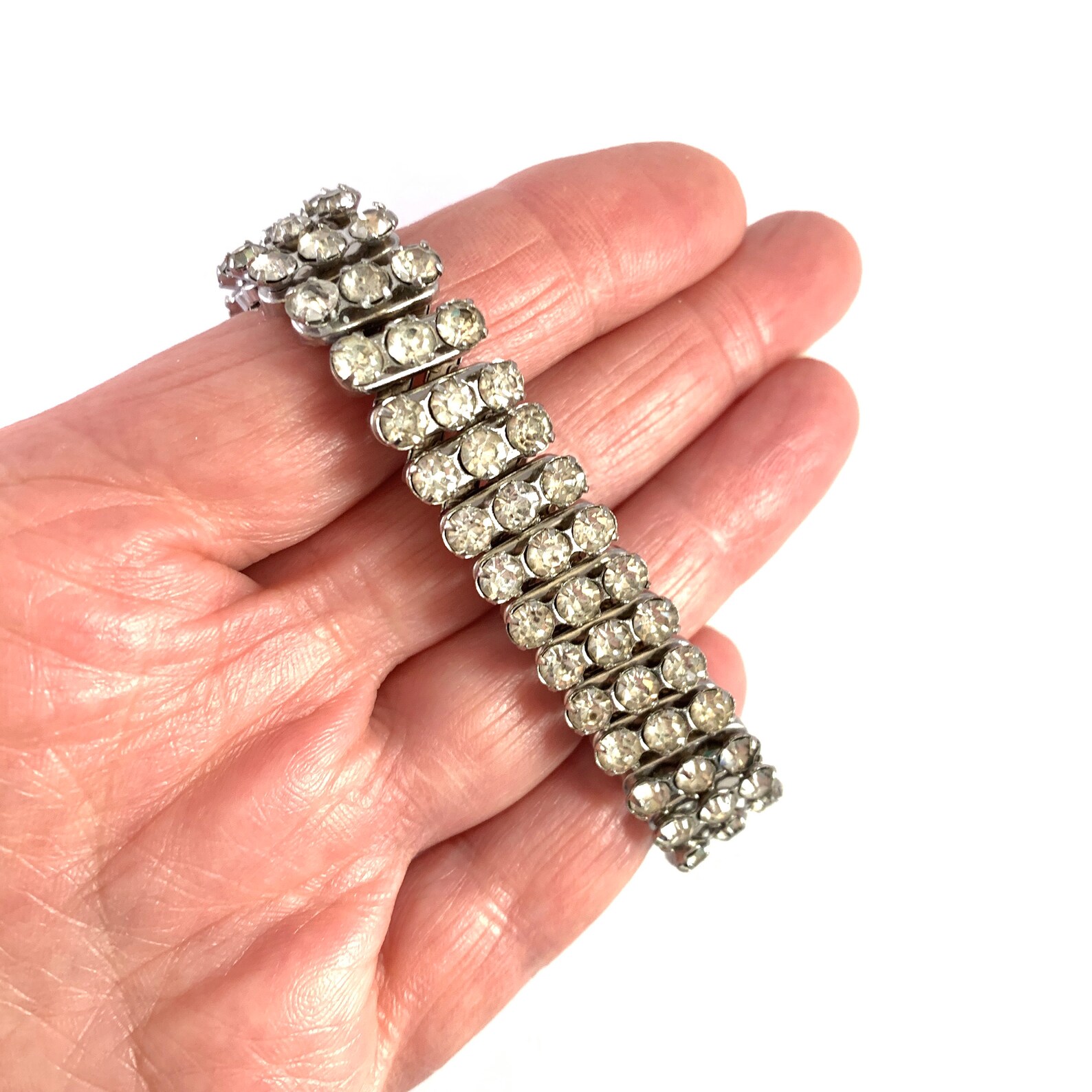 Expandable Vintage Rhinestone Bracelet Three Rows Shiny Etsy