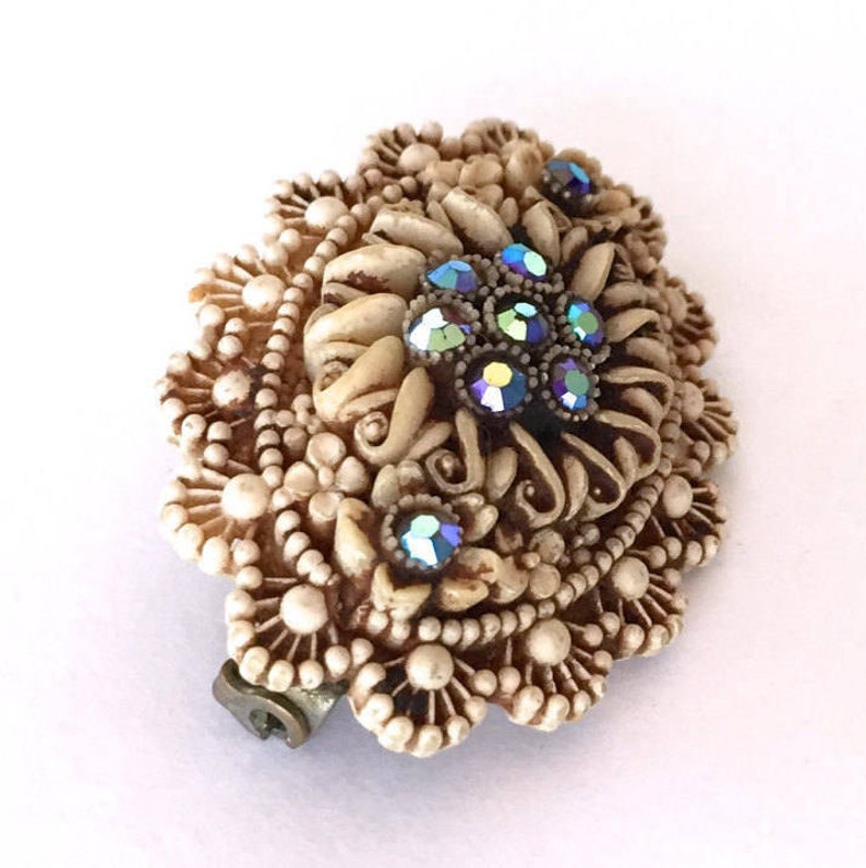 Carved Cream Floral Aurora Borealis Rhinestone Pin Vintage Celluloid Rhinestone Brooch Highly Detailed 1950s Unique Vintage Jewelry