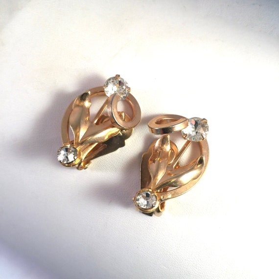 Gold and Crystal Flower Earrings, Vintage Rhinest… - image 8