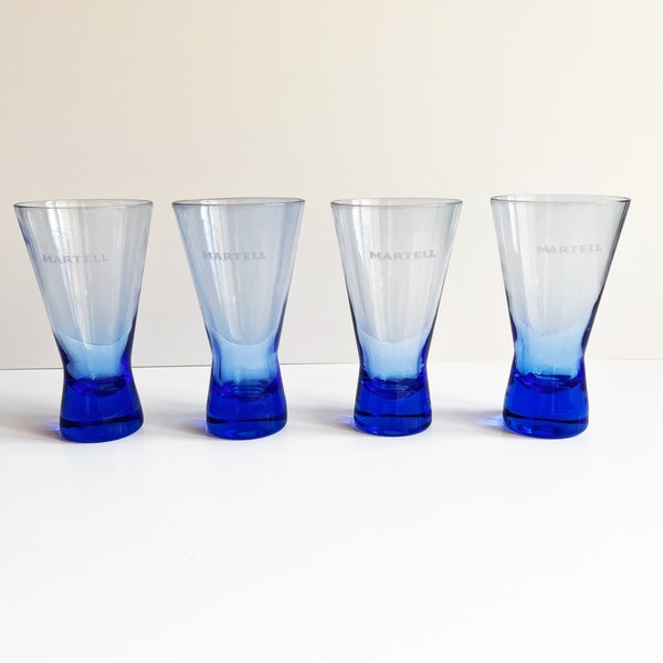 MARTELL Cognac Glasses Etched Cobalt Blue Cocktail 9oz Set of 4