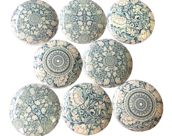 Set of 8 Portuguese Tile Mandala Print Wood Cabinet Knobs, Drawer Knobs, Blue and White Knobs, Cabinet Pulls