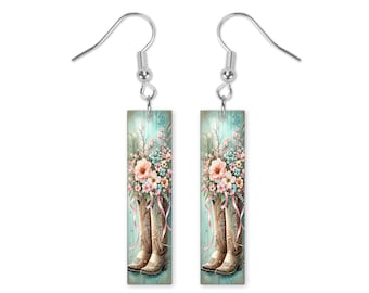 Boots Pink Flowers Dangle Printed Earrings Jewelry Handmade