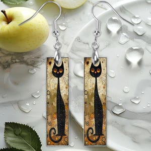 Black Cat Earrings, Bar Dangle Printed Earrings Jewelry Handmade