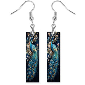 Blue Peacock Earrings, Bar Dangle Printed Earrings Jewelry Handmade