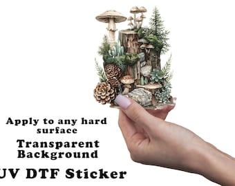 Woodland Mushrooms and Crystal Tree Stump UV DTF Transparent Decal / Sticker You Choose Size