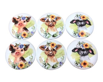 Set of 6 Highland Farm Animals Print Cabinet Knobs