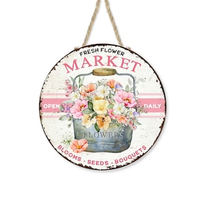 Fresh Flower Market Round Printed Handmade Wood Sign Farmhouse Door Hanger Wreath Sign