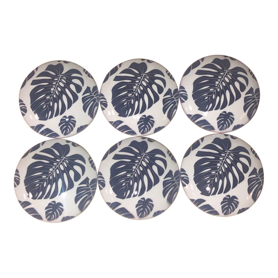 Knobs, Drawer Knobs and Pulls, Set of 6 Navy Blue Monstera Leaves Wood Knobs