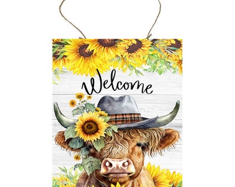 Welcome Sunflower Highland Cow Farmhouse Decor Printed Handmade Wood Sign Door Hanger Sign