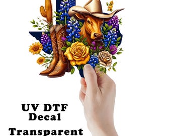 Texas Blue Bonnets and Yellow Rose UV DTF Transparent Decal / Sticker You Choose Size