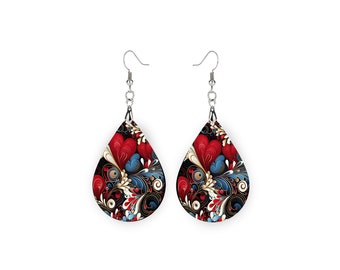 New Release, Red White and Blue Hearts Earrings, Teardrop Dangle Printed Earrings Jewelry Handmade