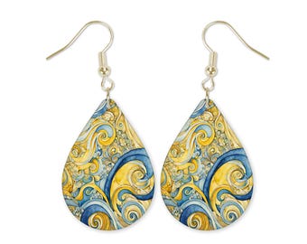 Blue Yellow Swirl Glass Dangle Printed Earrings Jewelry Handmade